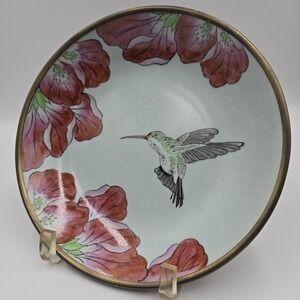 VTG RARE Rubicon Hand Painted Wall Art Flower & Hummingbird Gold Trim 1987 8"